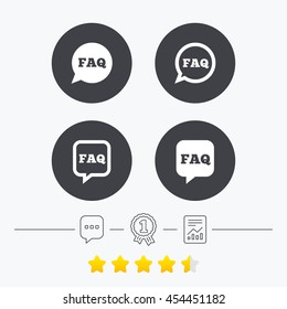FAQ information icons. Help speech bubbles symbols. Circle and square talk signs. Chat, award medal and report linear icons. Star vote ranking. Vector