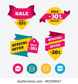 FAQ information icons. Help speech bubbles symbols. Circle and square talk signs. Web stickers, banners and labels. Sale discount tags. Special offer signs. Vector