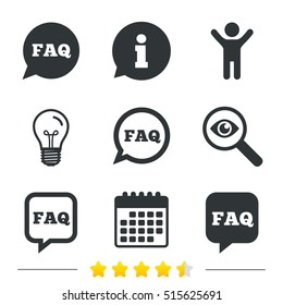 FAQ information icons. Help speech bubbles symbols. Circle and square talk signs. Information, light bulb and calendar. Investigate magnifier. Vector