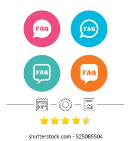 FAQ information icons. Help speech bubbles symbols. Circle and square talk signs. Calendar, cogwheel and report linear icons. Star vote ranking. Vector