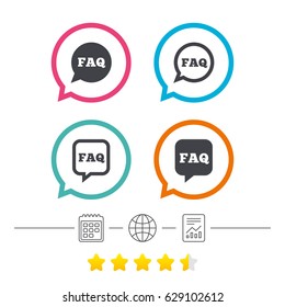 FAQ information icons. Help speech bubbles symbols. Circle and square talk signs. Calendar, internet globe and report linear icons. Star vote ranking. Vector