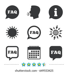 FAQ information icons. Help speech bubbles symbols. Circle and square talk signs. Information, go to web and calendar icons. Sun and loud speak symbol. Vector