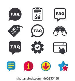 FAQ information icons. Help speech bubbles symbols. Circle and square talk signs. Browser window, Report and Service signs. Binoculars, Information and Download icons. Stars and Chat. Vector