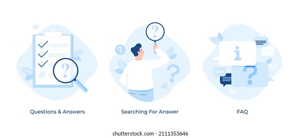 FAQ and information set: check list, person with magnifying glass or loupe searching for answer, speech bubbles with question mark and info sign. Modern flat vector illustrations for banner, poster.