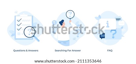 FAQ and information set: check list, person with magnifying glass or loupe searching for answer, speech bubbles with question mark and info sign. Modern flat vector illustrations for banner, poster.