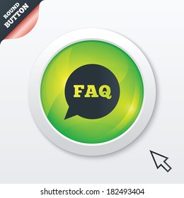 FAQ information sign icon. Help speech bubble symbol. Green shiny button. Modern UI website button with mouse cursor pointer. Vector