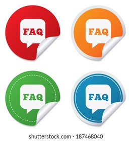 FAQ information sign icon. Help speech bubble symbol. Round stickers. Circle labels with shadows. Curved corner. Vector