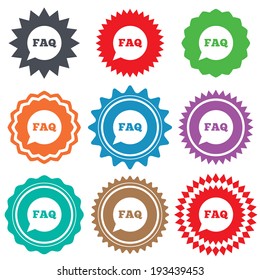 FAQ information sign icon. Help speech bubble symbol. Stars stickers. Certificate emblem labels. Vector