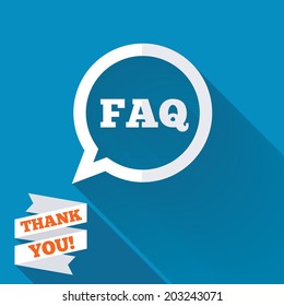 FAQ information sign icon. Help speech bubble symbol. White flat icon with long shadow. Paper ribbon label with Thank you text. Vector