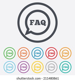 FAQ information sign icon. Help speech bubble symbol. Round circle buttons with frame. Vector