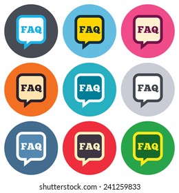 FAQ information sign icon. Help speech bubble symbol. Colored round buttons. Flat design circle icons set. Vector
