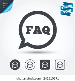 FAQ information sign icon. Help speech bubble symbol. Circle and square buttons. Flat design set. Thank you ribbon. Vector