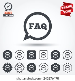 FAQ information sign icon. Help speech bubble symbol. Circle, star, speech bubble and square buttons. Award medal with check mark. Thank you ribbon. Vector