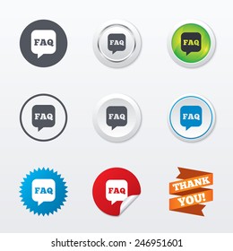 FAQ information sign icon. Help speech bubble symbol. Circle concept buttons. Metal edging. Star and label sticker. Vector