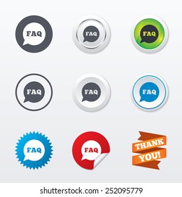 FAQ information sign icon. Help speech bubble symbol. Circle concept buttons. Metal edging. Star and label sticker. Vector