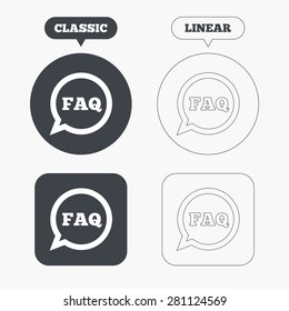 FAQ information sign icon. Help speech bubble symbol. Classic and line web buttons. Circles and squares. Vector