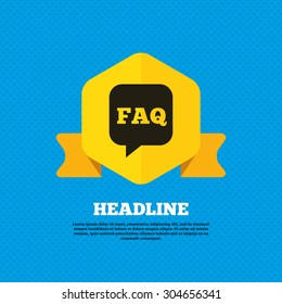 FAQ information sign icon. Help speech bubble symbol. Yellow label tag. Circles seamless pattern on back. Vector