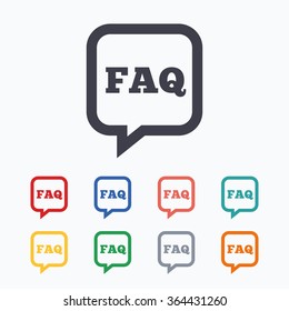 FAQ information sign icon. Help speech bubble symbol. Colored flat icons on white background.