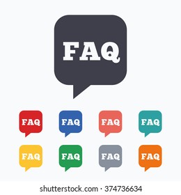 FAQ information sign icon. Help speech bubble symbol. Colored flat icons on white background.