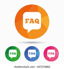 FAQ information sign icon. Help speech bubble symbol. Triangular low poly button with flat icon. Vector