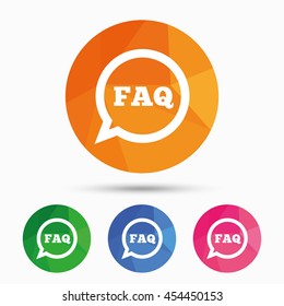 FAQ information sign icon. Help speech bubble symbol. Triangular low poly button with flat icon. Vector