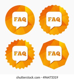 FAQ information sign icon. Help speech bubble symbol. Triangular low poly buttons with flat icon. Vector