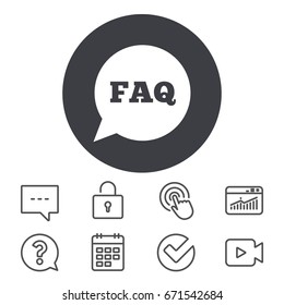 FAQ information sign icon. Help speech bubble symbol. Calendar, Locker and Speech bubble line signs. Video camera, Statistics and Question icons. Vector