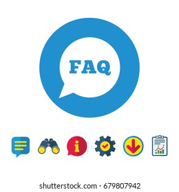 FAQ information sign icon. Help speech bubble symbol. Information, Report and Speech bubble signs. Binoculars, Service and Download icons. Vector
