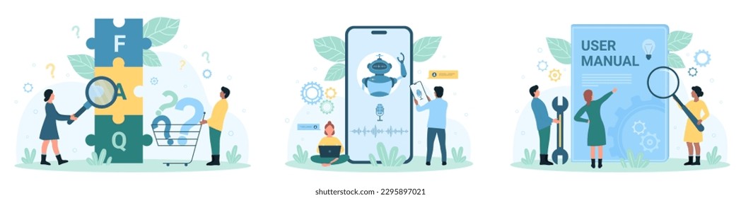 FAQ inquiry set vector illustration. Cartoon tiny people look through magnifying glass at FAQ letters inside puzzles, study user manual book, talk to chat bot on phone screen using voice messages