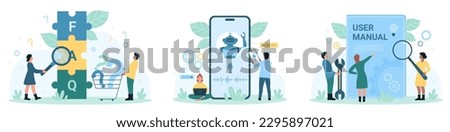FAQ inquiry set vector illustration. Cartoon tiny people look through magnifying glass at FAQ letters inside puzzles, study user manual book, talk to chat bot on phone screen using voice messages