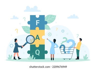 FAQ inquiry vector illustration. Cartoon curious tiny people look through magnifying glass at FAQ letters inside connected puzzles, ask questions, point and investigate, search information and manuals