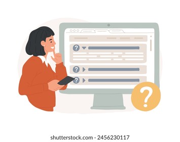 FAQ Ilustración vectorial de concepto aislado. Preguntas frecuentes, ayuda del Cliente, cómo-hacer, interfaz de usuario, barra de menú de Sitio web, página corporativa, información del producto, solucionar el concepto de Vector de problemas.