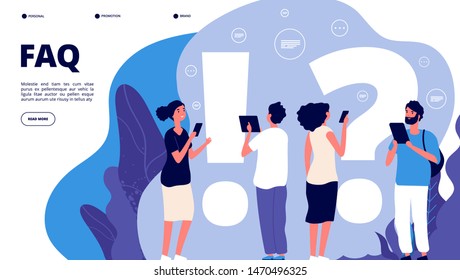 Faq landing page. Confusion people ask frequent question, get answer. Questioning persons, problem solution useful quiz vector concept. Illustration of faq web page, question and answer