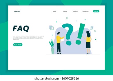 FAQ landing page flat vector template. This design can be used for websites, landing pages, UI, mobile applications, posters, banners