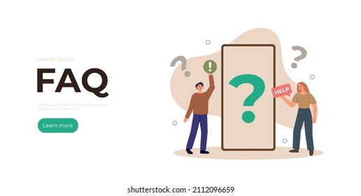 Faq Landing Page. People Ask Frequent Question, Get Answer. Woman And Man Asl Quesions And Receive Answers. Online Support Center