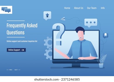 Plantilla de página de inicio de preguntas frecuentes. Servicio al cliente o servicio de asistencia. Asistente con signo de interrogación. Ayudante de personaje masculino. Tecnología de apoyo en línea, retroalimentación. Centro de llamadas remoto. Ilustración del vector
