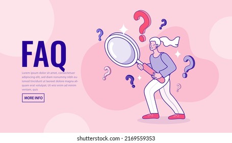 Página web de la página de inicio de FAQ. mujer parada cerca de Question. Centro de asistencia en línea. Concepto De Preguntas Frecuentes. Investigación empresarial. Ilustración de vectores planos.