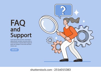 FAQ landing page website. Woman standing near Question. Online Support center. Frequently Asked Questions Concept. Business research. woman with speech bubble. Flat Vector Illustration.