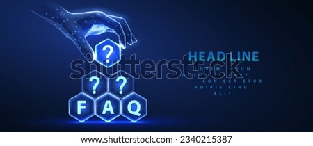 FAQ letters and question marks on hexagons made a pyramid and hand hold the top element. Digital communication, automatic answer, FAQ optimization, online help, AI problem solving innovation concept