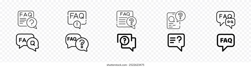  ícone de linha de perguntas frequentes, ícone de perguntas frequentes conjunto de logotipos de vetor, conjunto de ícones de perguntas frequentes coleção para ajuda, perguntar, discussão, discurso, ícone de ponto de interrogação, Ícones de perguntas de comentários conjunto.