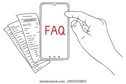 FAQ. Message on smartphone display. Help for business and entertainment. Modern problems and solutions. Sketch in minimalist style. Editable hand drawn contour. Vector