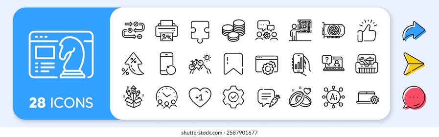 Faq, Mountain bike and Notebook service line icons. Interest rate, AI generate, Inflation icons. Pack of Chat bubble, Gpu, Seo strategy icon. Toolbox, Meeting time, Print image pictogram. Vector