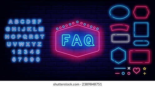 Faq neon label. Shiny blue alphabet. website support. Geometric frames collection. Help sign. Glowing advertising. Light banner. Editing text. Vector stock illustration