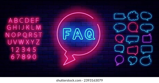 Faq neon label. Shiny pink alphabet. website support. Help sign. Glowing advertising. Speech bubbles frames collection. Light banner. Editing text. Vector stock illustration