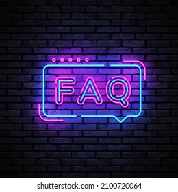 Faq in neon style. Realistic vector illustration. Modern template with black faq on blue background for game background design