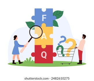 FAQ, online analysis of information, user manual and advices, search for answer to question and problem. Tiny people with magnifying glass research puzzles of FAQ word cartoon vector illustration