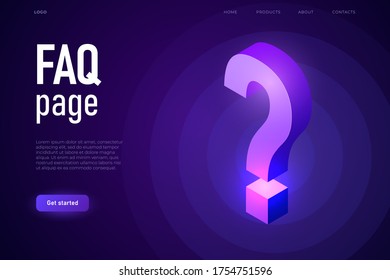 Faq page with 3d isometric question mark in ultraviolet colours.