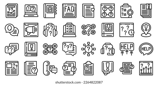 Los iconos de la página de preguntas frecuentes establecen el vector de contorno. Página de consejos. Página en línea