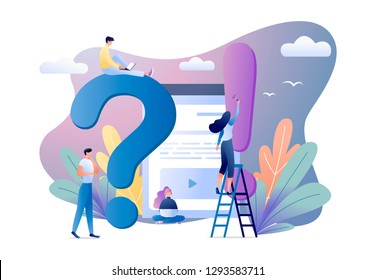 FAQ with people around exclamation and question marks. Frequently asked questions. For web banner, website, flyer, card. Business concept flat vector illustration 