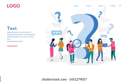 FAQ. People frequently asked questions around question marks. Vector illustration for web banner, print, infographics, mobile website. Landing page template. Answer to question on website.